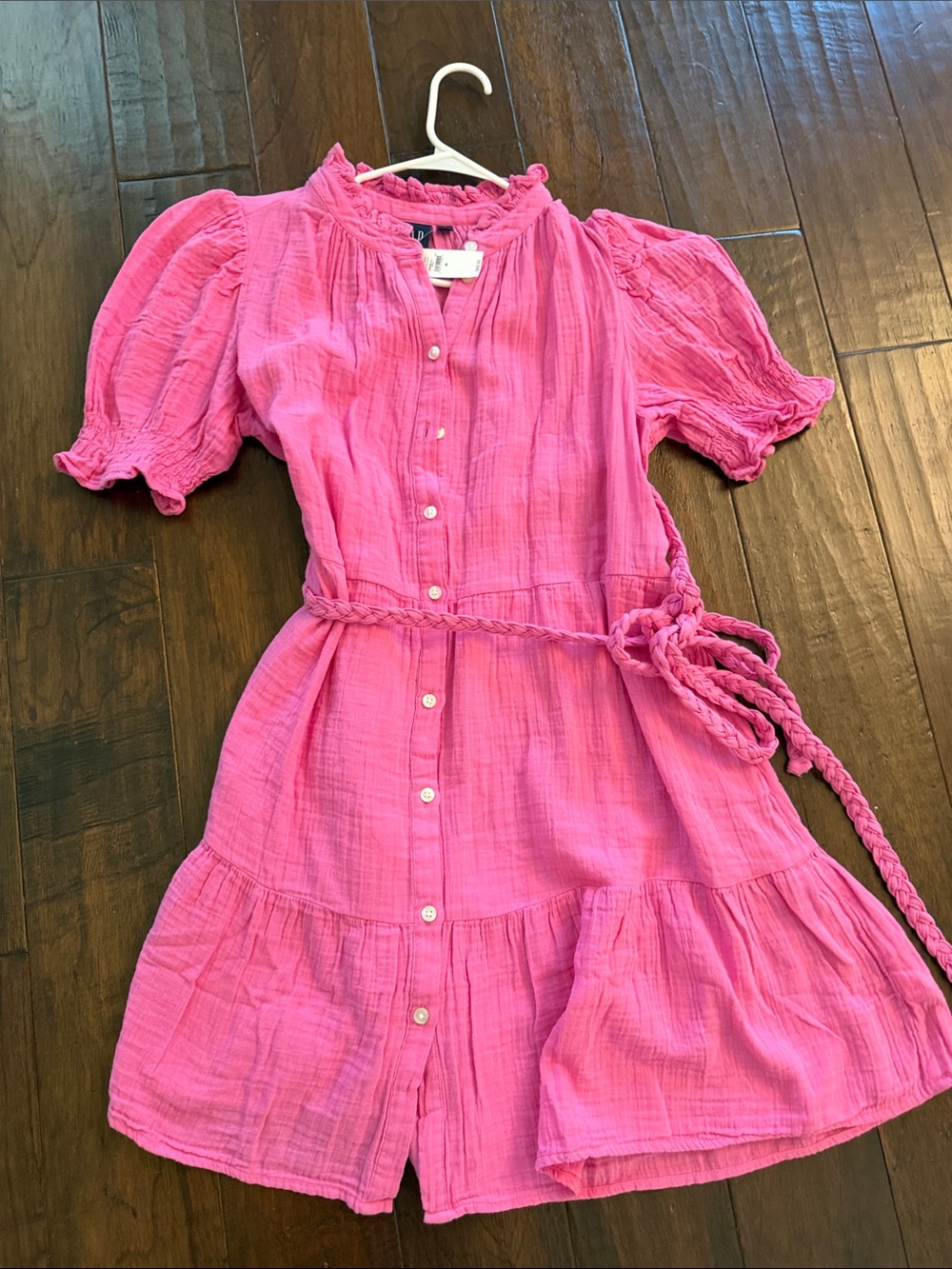 Girls Pink Button-Front Cotton Dress with Braided Belt